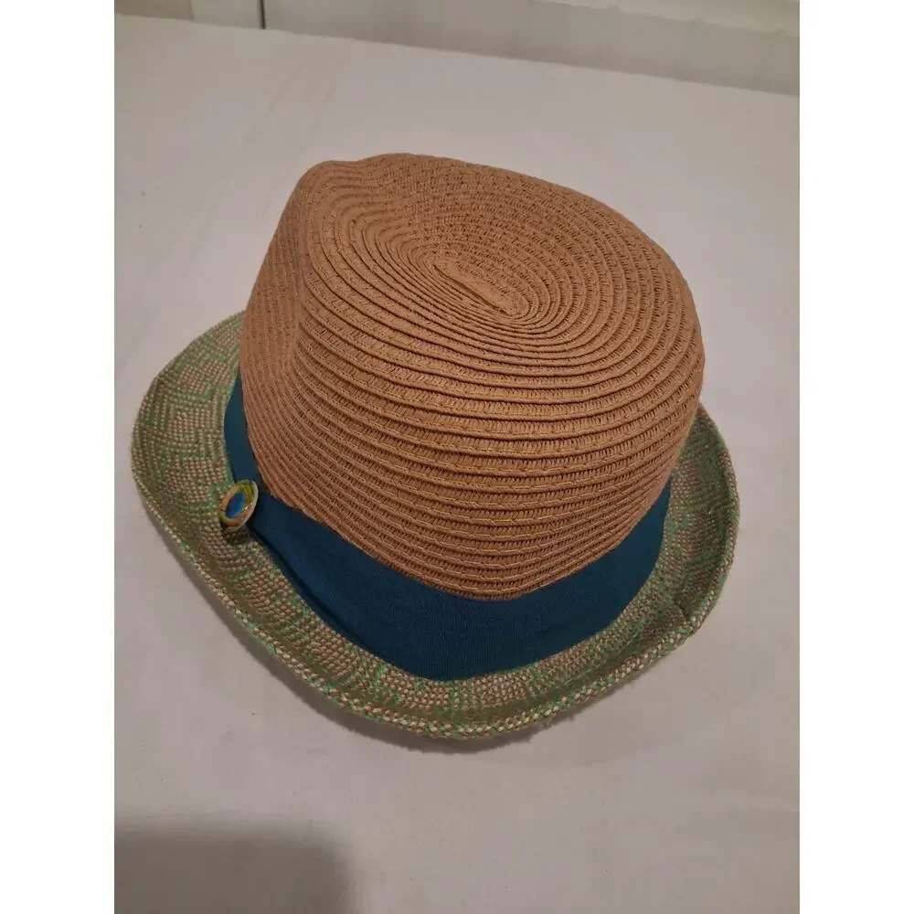 Target Women's Straw Fedora Trilby Hat Brown Green Woven Short Brim Ribbon Band